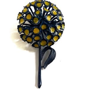 Dark Blue Navy and Yellow Vintage Retro Flower Brooch Pin